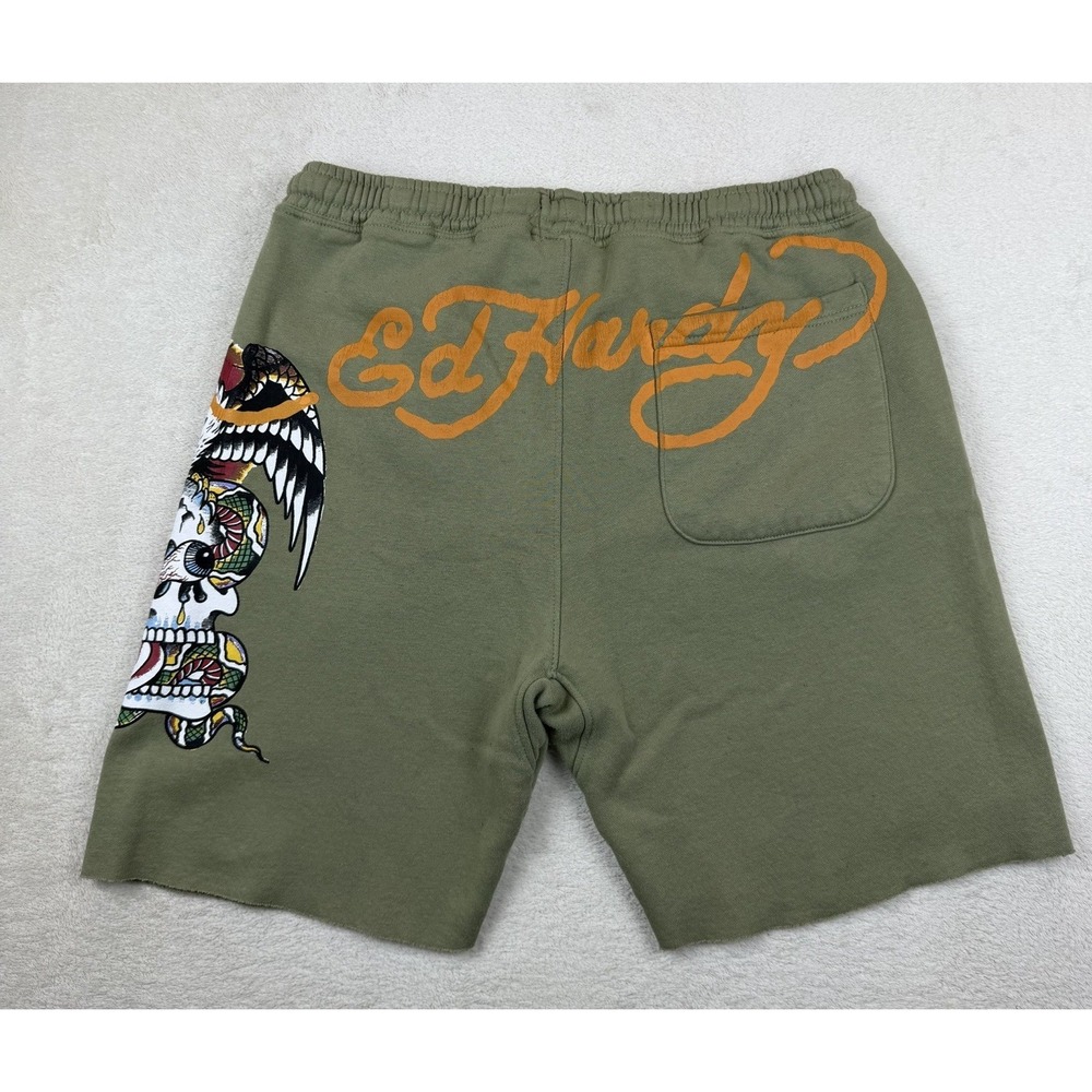 Ed Hardy Shorts Mens Medium Green Fleece Tattoo Skull Snake Eagle Graphic Art